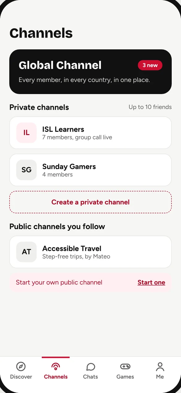 App preview: the Channels screen with the Global Channel, private channels and public channels