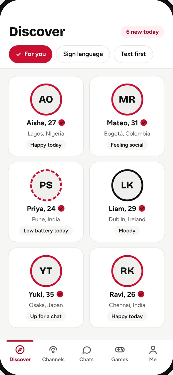 App preview: the Discover screen with member cards and filters for sign language and text first