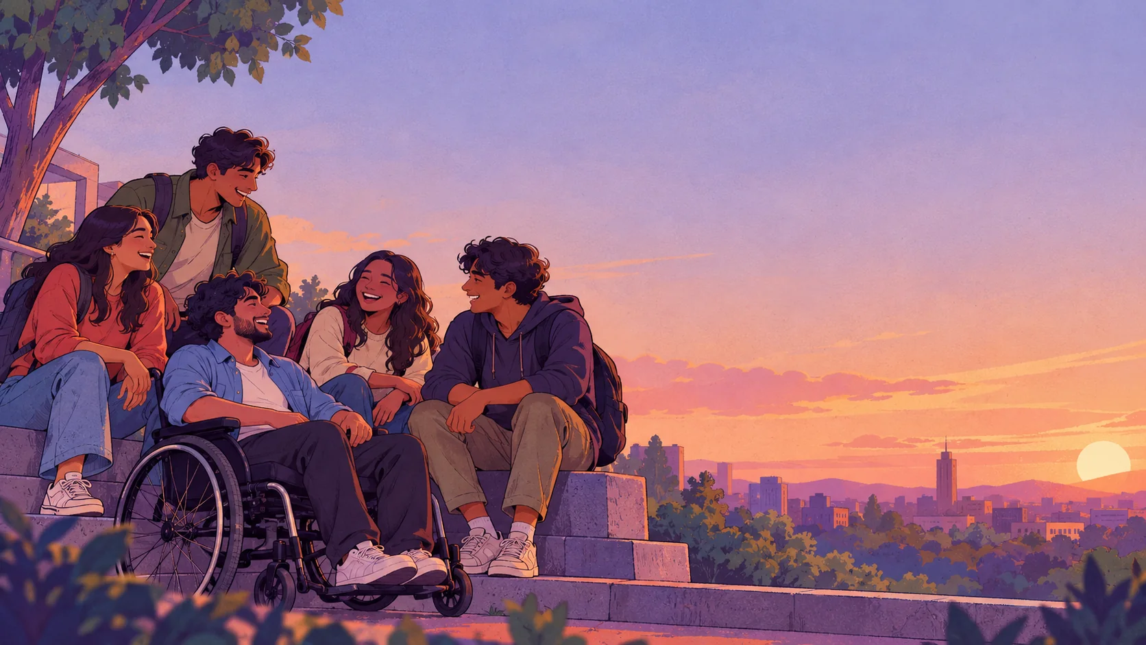 A group of friends laughing together on city steps at sunset, one of them in a wheelchair