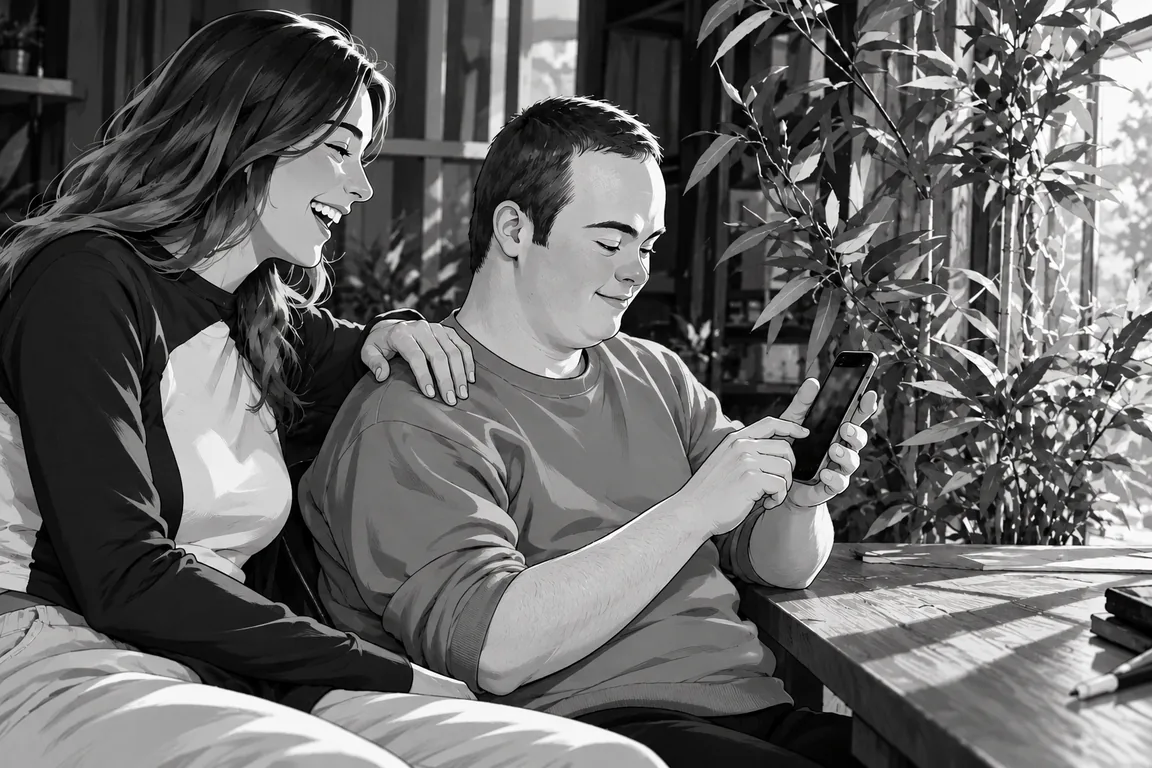 A young man with Down syndrome smiling at his phone while his friend laughs beside him