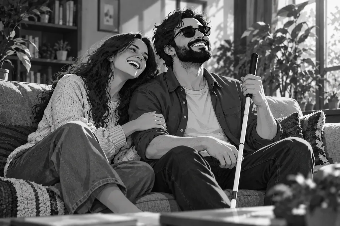 A couple laughing together on a sofa, the man wearing dark glasses and holding a white cane